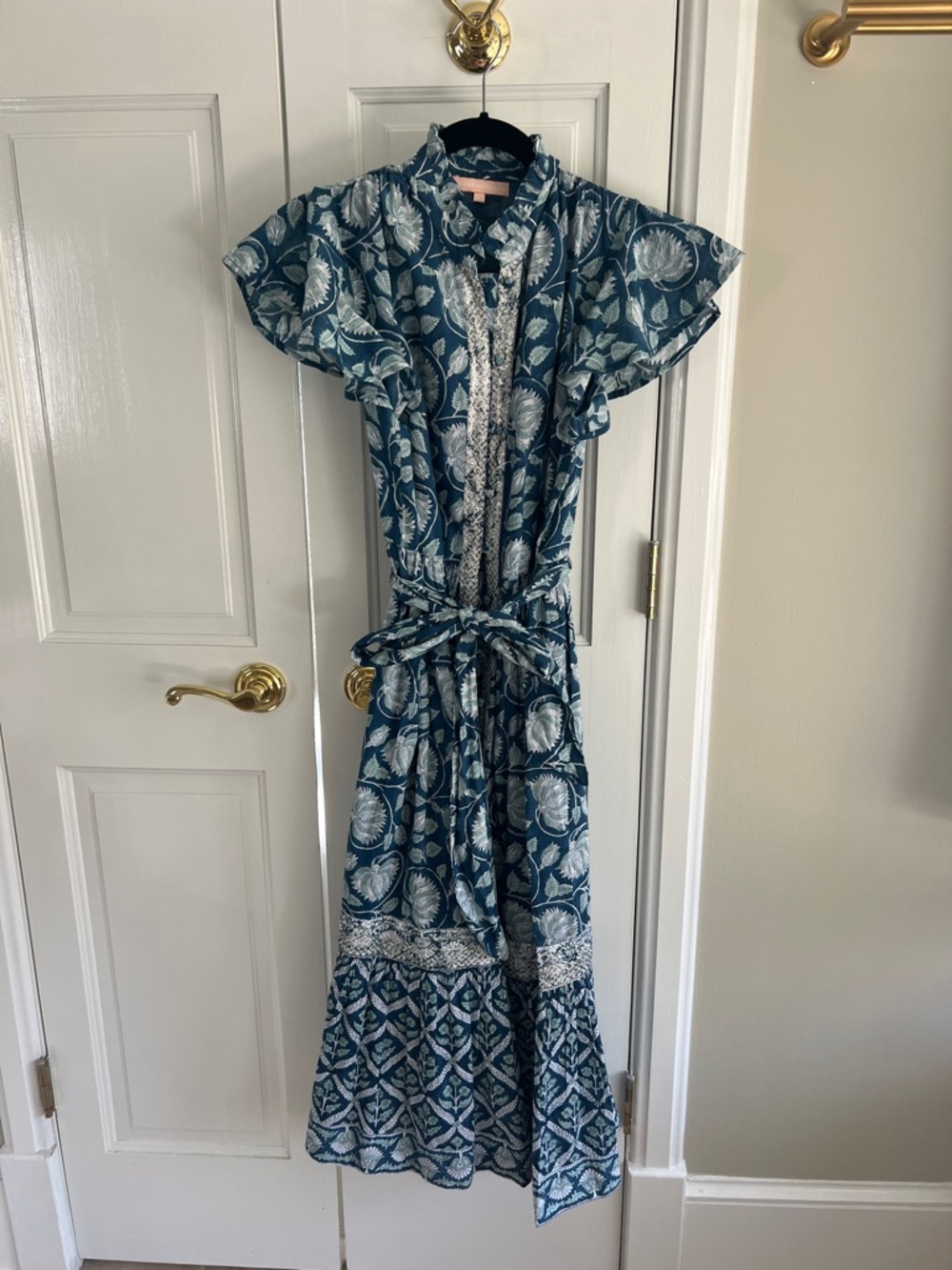 Blue and White Floral Maxi Dress with Tie Belt